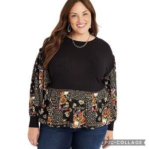 Maurices Black Ribbed Knit & Floral Patchwork Layered Scoop Neck Blouse